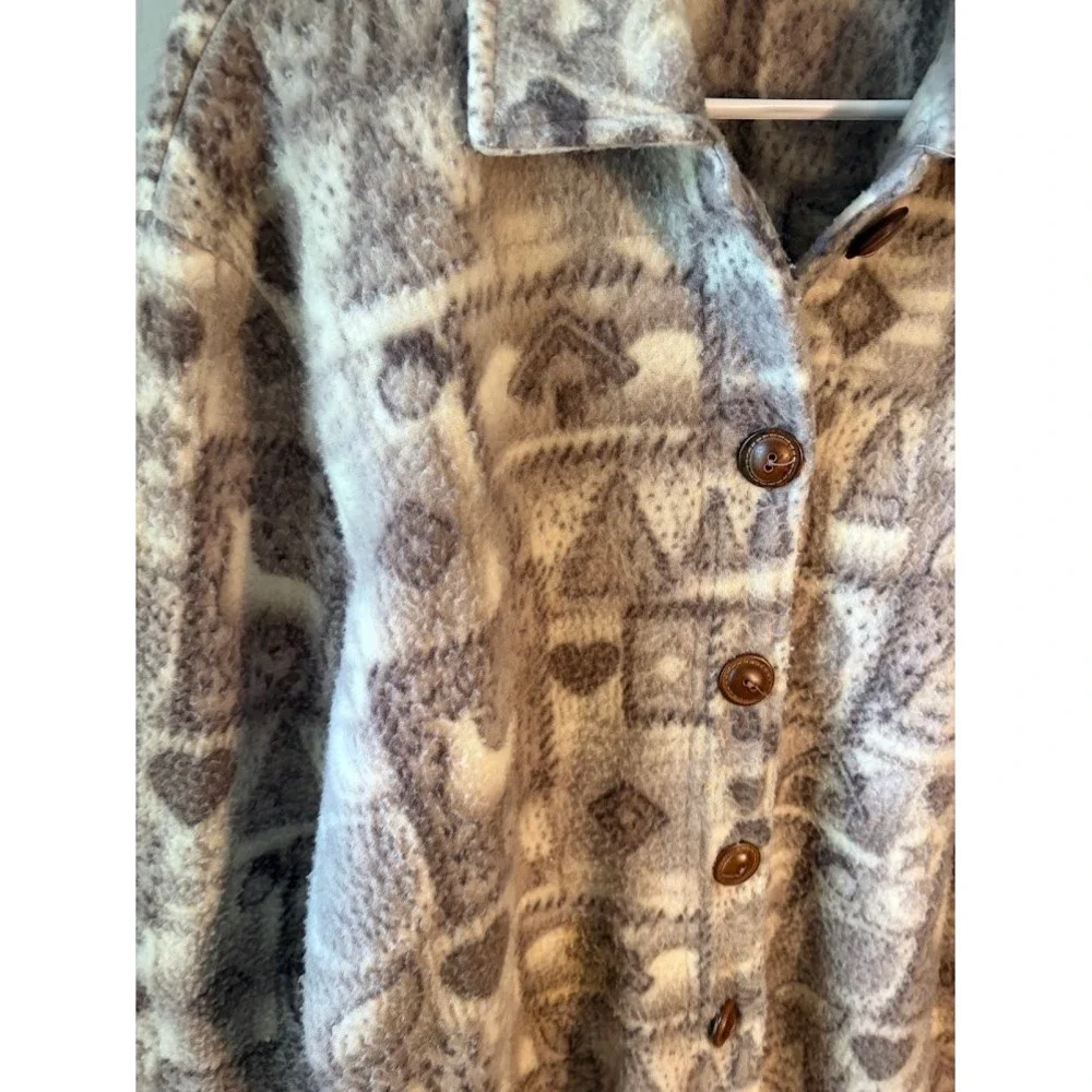 Teddi Vintage Fleece Button Up Cardigan Jacket Taupe Geometric Novelty Print L